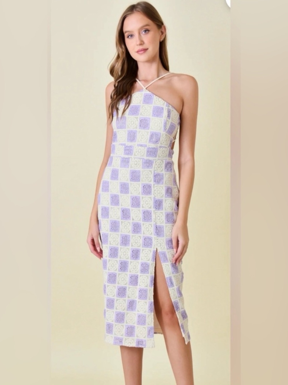 FORE‎ COLLECTION Lilac/Cream Checkered Crochet Halter Dress Autumn Wedding Guest